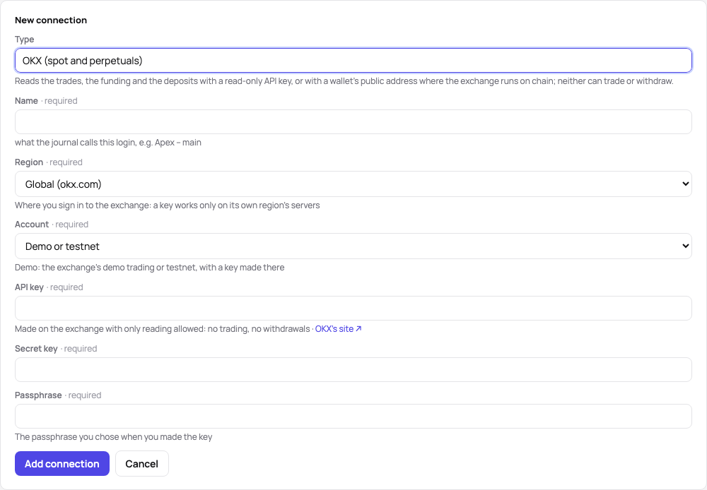 The new-connection form of OKX: the type, a name, the region, the account on the demo, the API key, the secret key and the passphrase