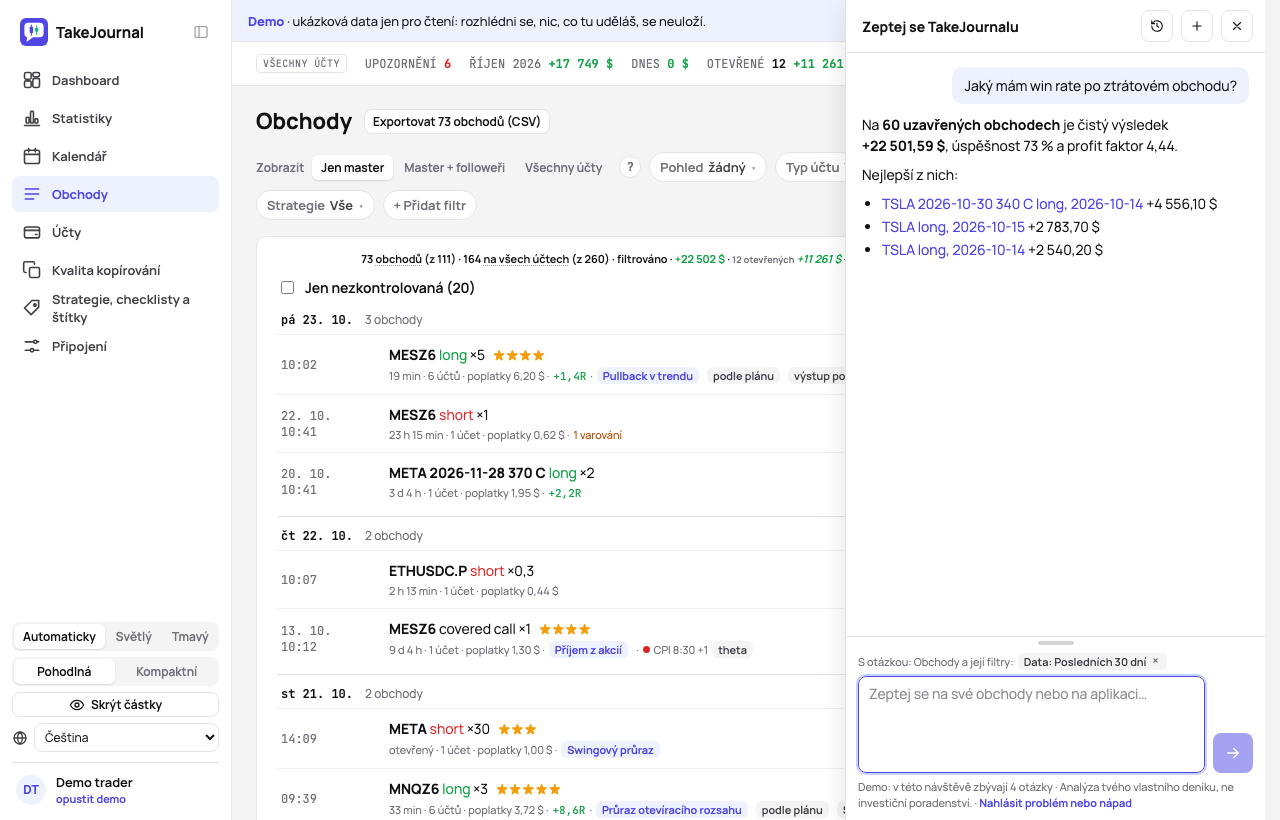 AI chat na stránce obchodů v demu: úspěšnost po ztrátovém obchodu proti úspěšnosti po ziskovém, v tabulce