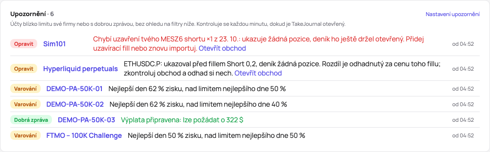 Upozornění nahoře na stránce Účty: varování u každého účtu s jeho čísly a od kdy platí, připravená výplata jako dobrá zpráva