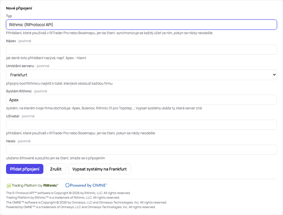 Formulář nového připojení: typ Rithmic, název, umístění serveru, systém Rithmic, uživatel a heslo