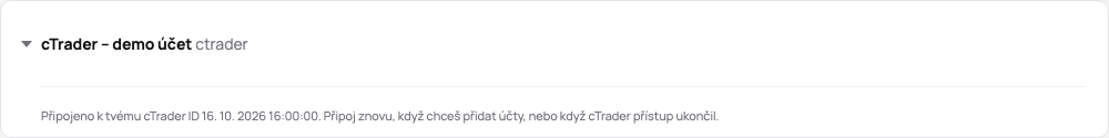 Karta připojení cTrader v demu: propojená s cTrader ID