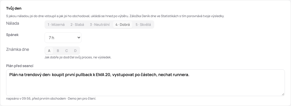 Tvůj den na stránce dne: nálada, spánek, známka dne a plán napsaný před prvním obchodem