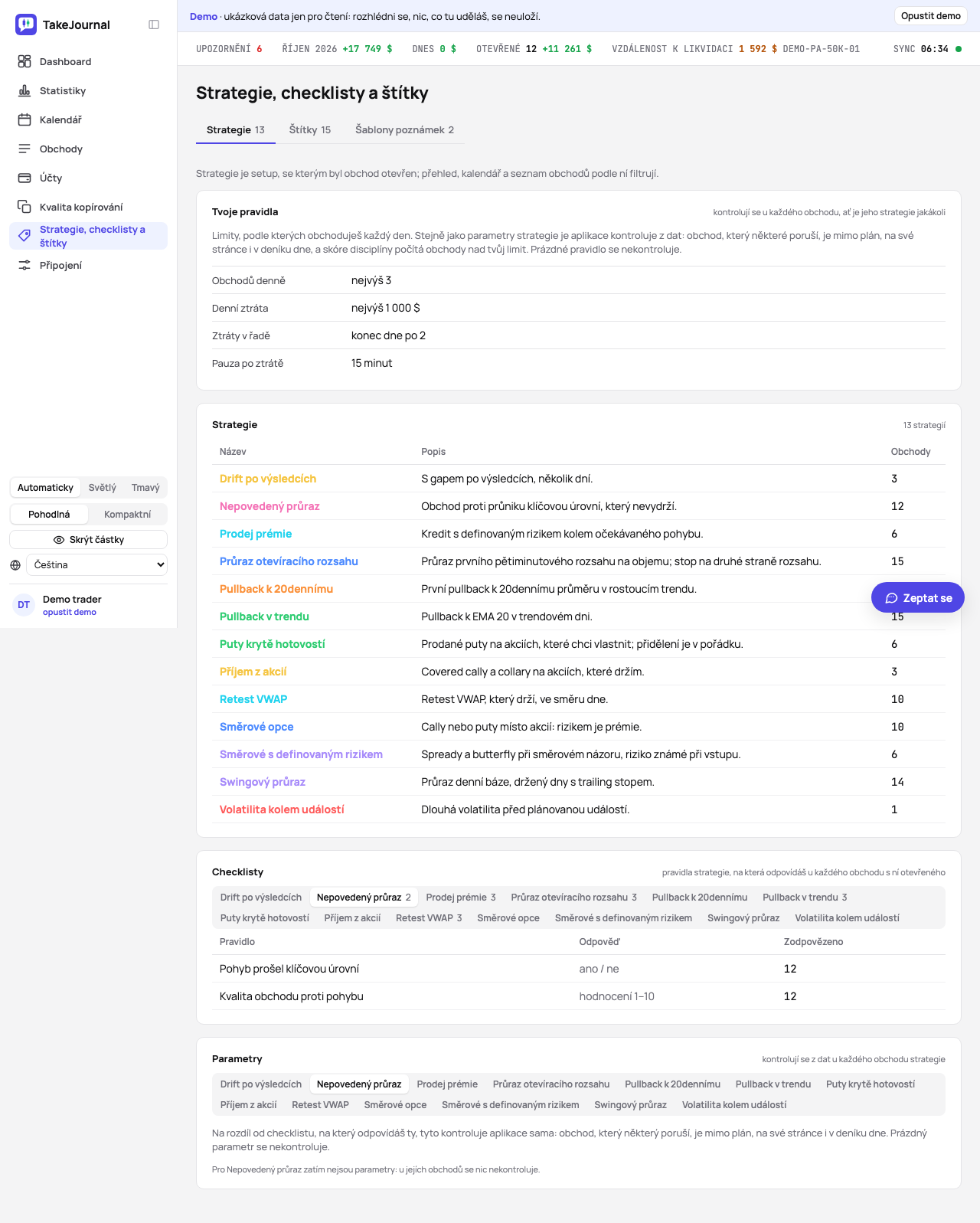Stránka Strategie, checklisty a štítky: strategie s popisy a checklisty se záložkou pro každou strategii