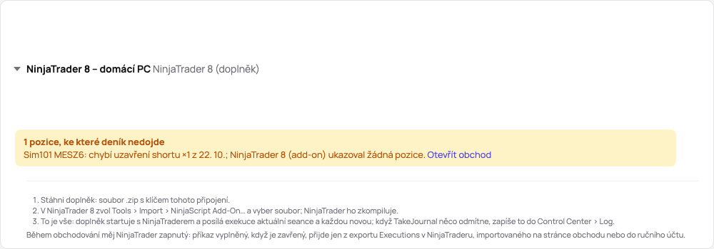 Karta připojení v demu: stav doplňku, jeho tři kroky a odkaz na návod