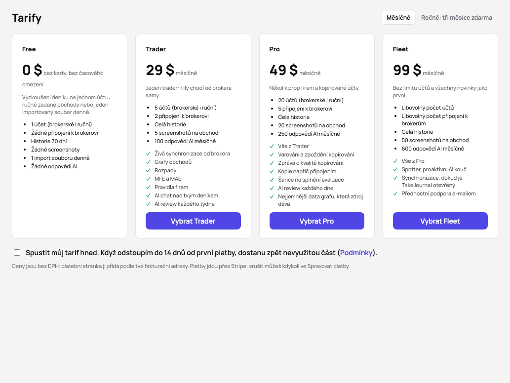 Tarify: Free, Trader, Pro a Fleet vedle sebe s cenami, limity a tím, co každý přidává, políčko pro spuštění tarifu hned a poznámka o DPH