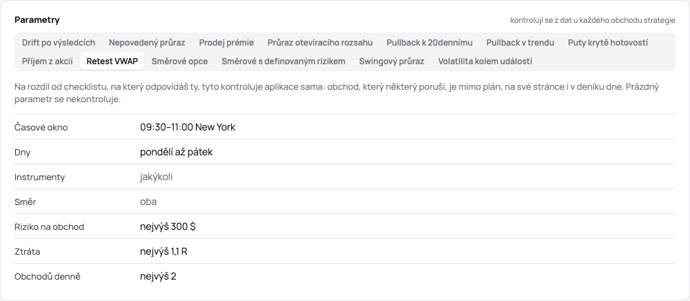 Karta Parametry u VWAP retest z dema: 09–11 New York, pondělí až pátek, riziko nejvýš 300 $, ztráta nejvýš 1,1 R, nejvýš 2 obchody denně