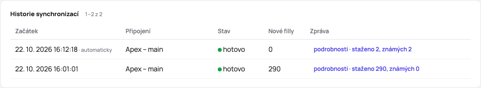 Historie synchronizací s otevřenými podrobnostmi běhu: po účtech stažené, nové a známé filly