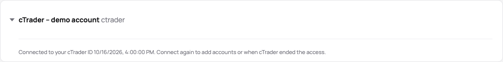 The cTrader connection’s card in the demo: connected to a cTrader ID