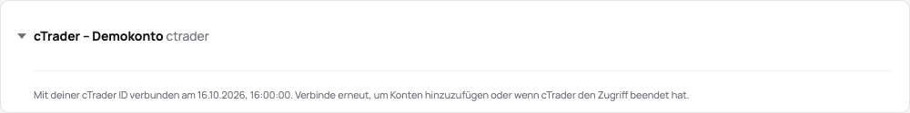 Die Karte der cTrader-Verbindung in der Demo: mit einer cTrader ID verbunden