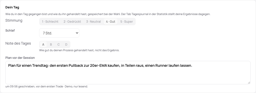 Dein Tag auf der Seite eines Tages: Stimmung, Schlaf, Note des Tages und der Plan, vor dem ersten Trade geschrieben