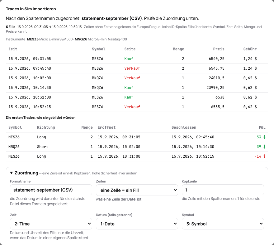 Die Vorschau eines zugeordneten Auszugs: die ersten Fills, die Trades, die sie bilden, und die Zuordnung zum Korrigieren