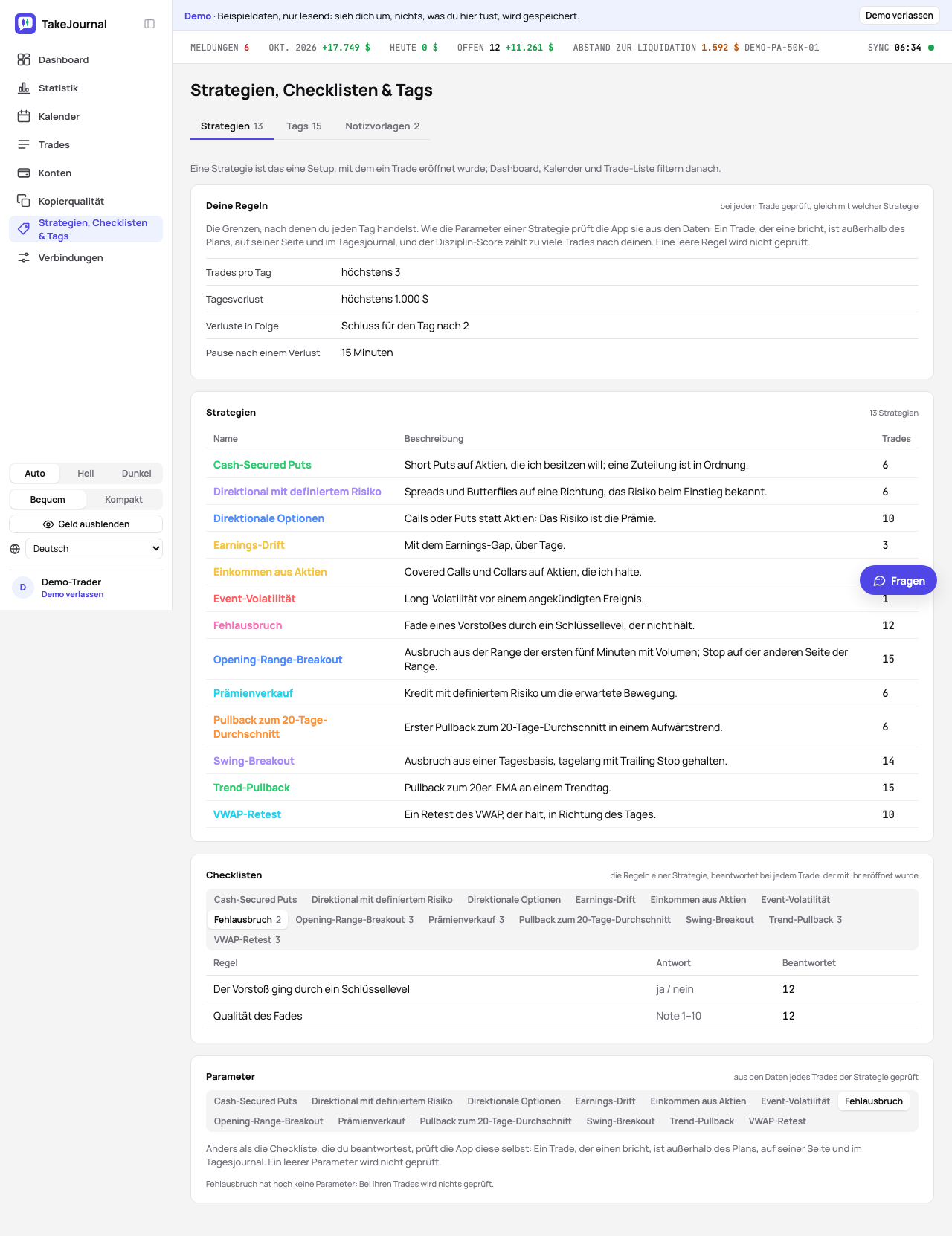 Die Seite Strategien, Checklisten & Tags: die Strategien mit ihren Beschreibungen und die Checklisten mit einem Reiter pro Strategie