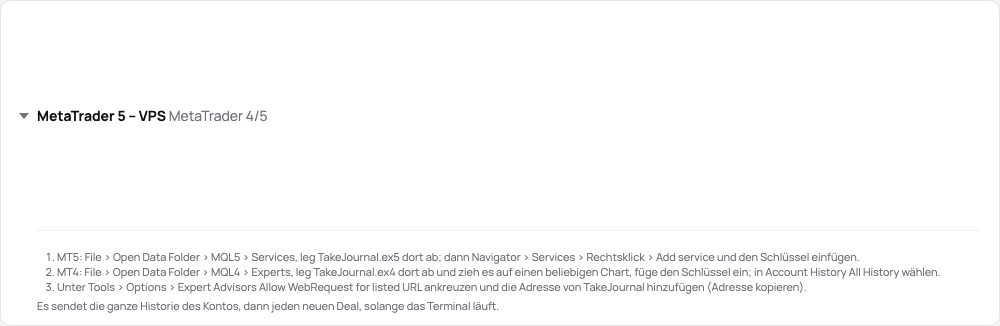 Die Karte der MetaTrader-Verbindung in der Demo: ihr Stand, die Downloads und die Schritte