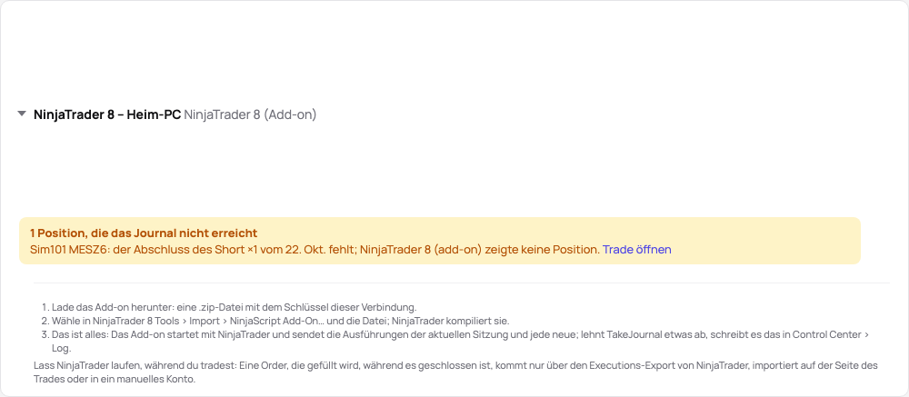 Die Karte der Verbindung in der Demo: der Stand des Add-ons, seine drei Schritte und der Link in den Leitfaden