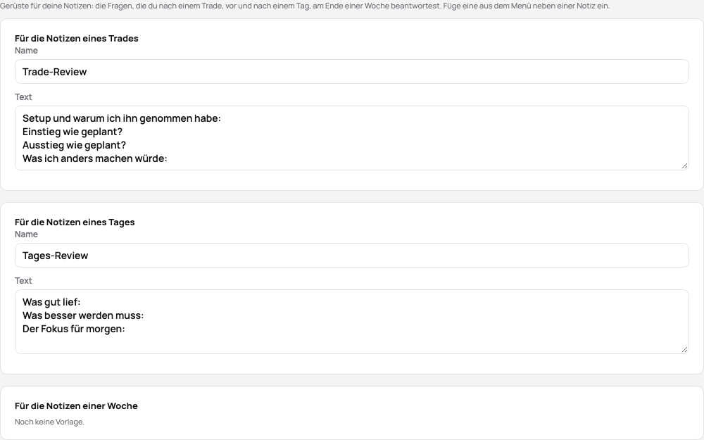 Die Notizvorlagen: das Review eines Trades und das eines Tages, jede mit Namen und Text