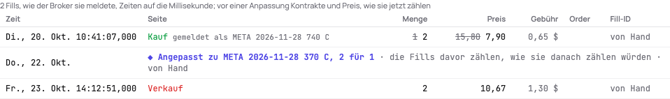 Ein Call, der über einen Split 2 für 1 gehalten wurde, im Tab Fills: der davor gekaufte Kontrakt durchgestrichen neben den zweien, als die er jetzt zählt