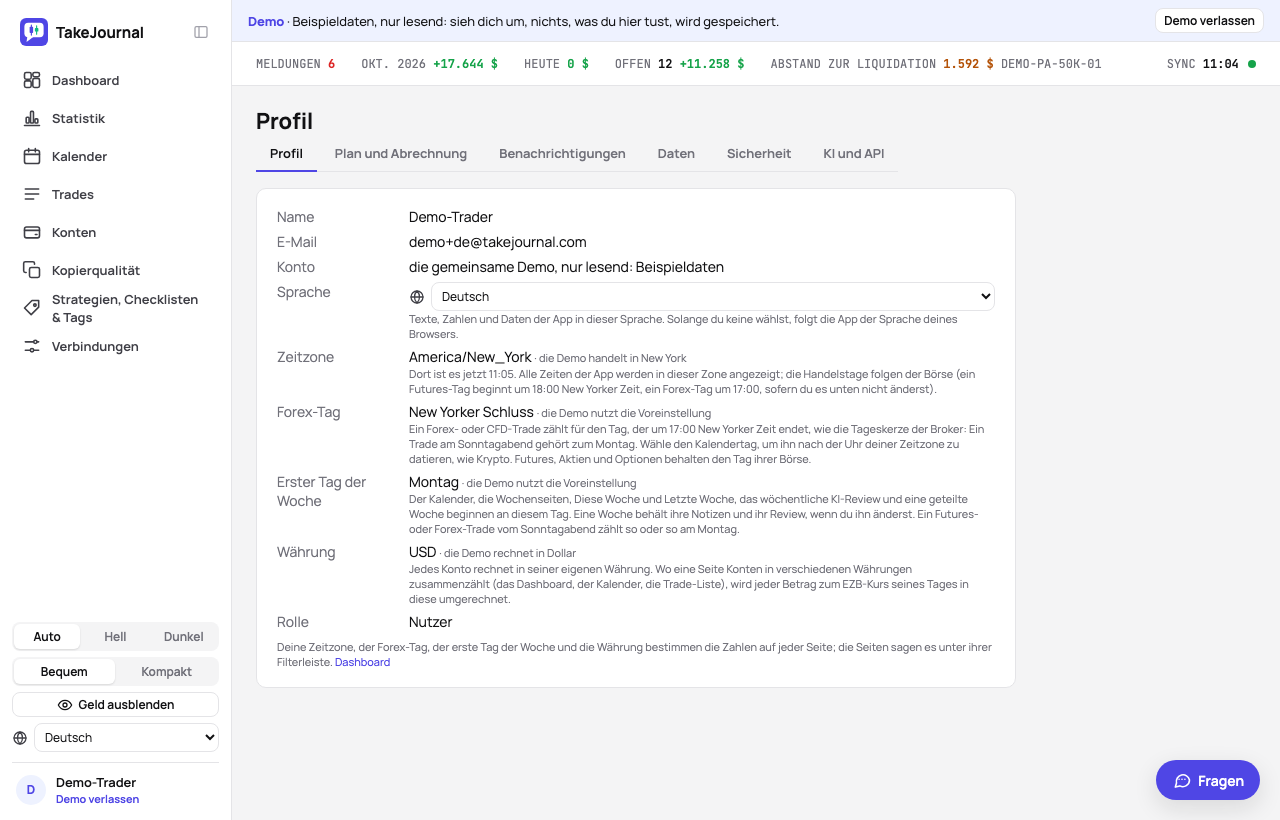 Der erste Tab der Seite Profil: der Name, die Sprache, die Zeitzone, der Forex-Tag, die Woche und die Währung, darüber die Tabs