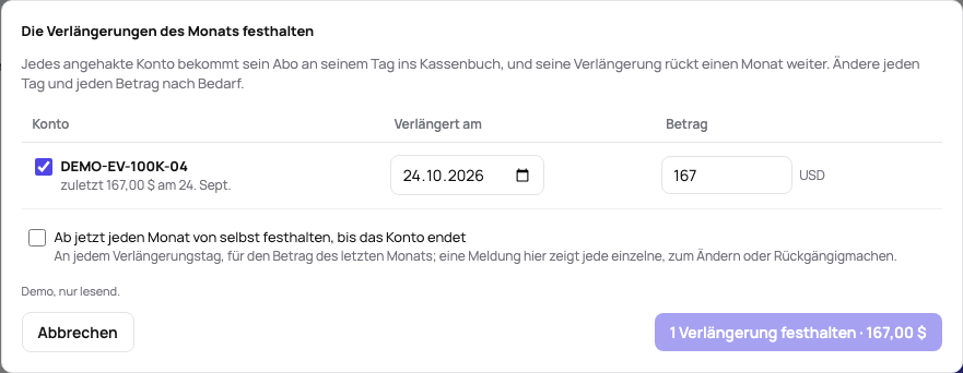 Die Verlängerungen des Monats: jedes fällige Konto angehakt mit seinem Verlängerungstag und dem Betrag des letzten Monats, die Wahl, sie von selbst zu wiederholen, und ein Knopf, der sie festhält