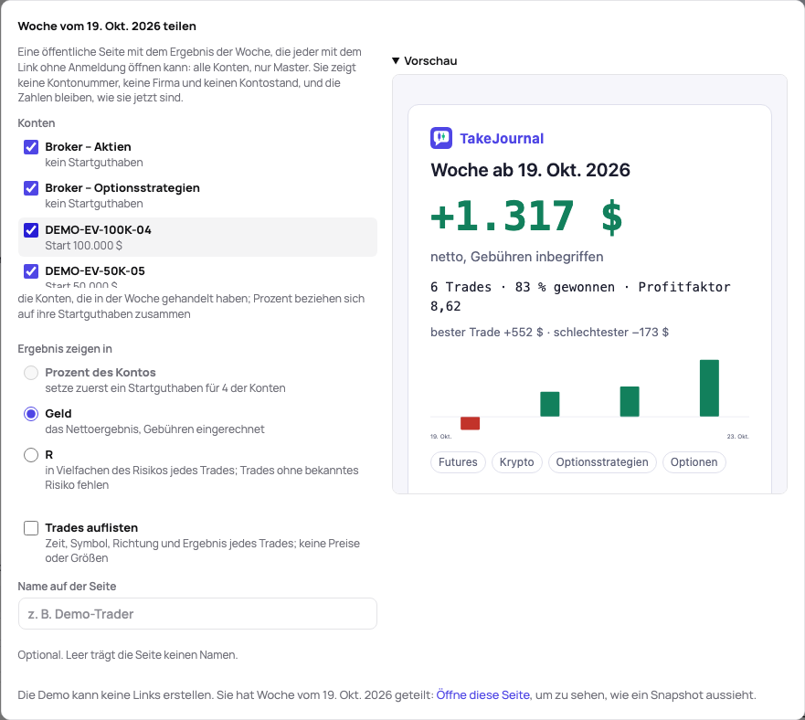Der Dialog Teilen einer Woche: die Konten, die in ihr gehandelt haben, die Einheit, Trades auflisten und der Name, neben der Vorschau der öffentlichen Seite