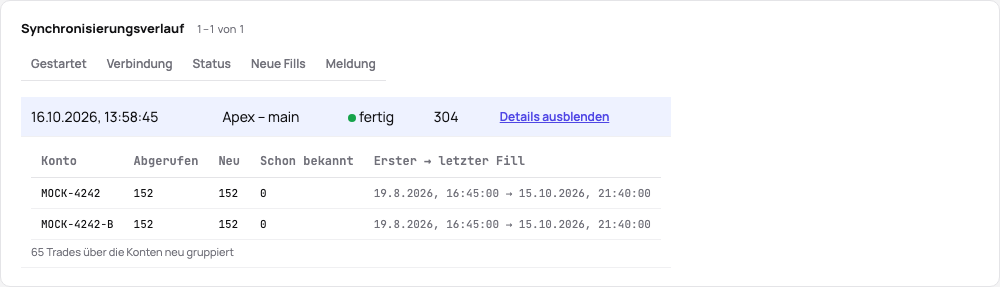 Der Synchronisierungsverlauf mit den geöffneten Details einer Synchronisierung: je Konto die abgerufenen, neuen und bekannten Fills