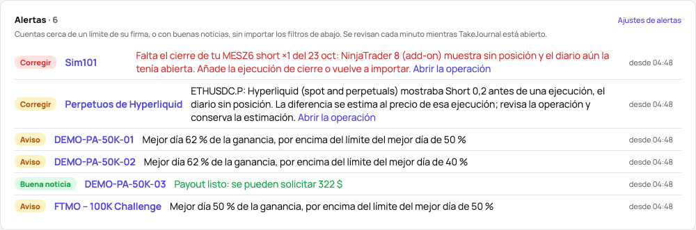 Las alertas al principio de la página de Cuentas: un aviso por cuenta con sus cifras y desde cuándo está vigente, un payout listo como buena noticia