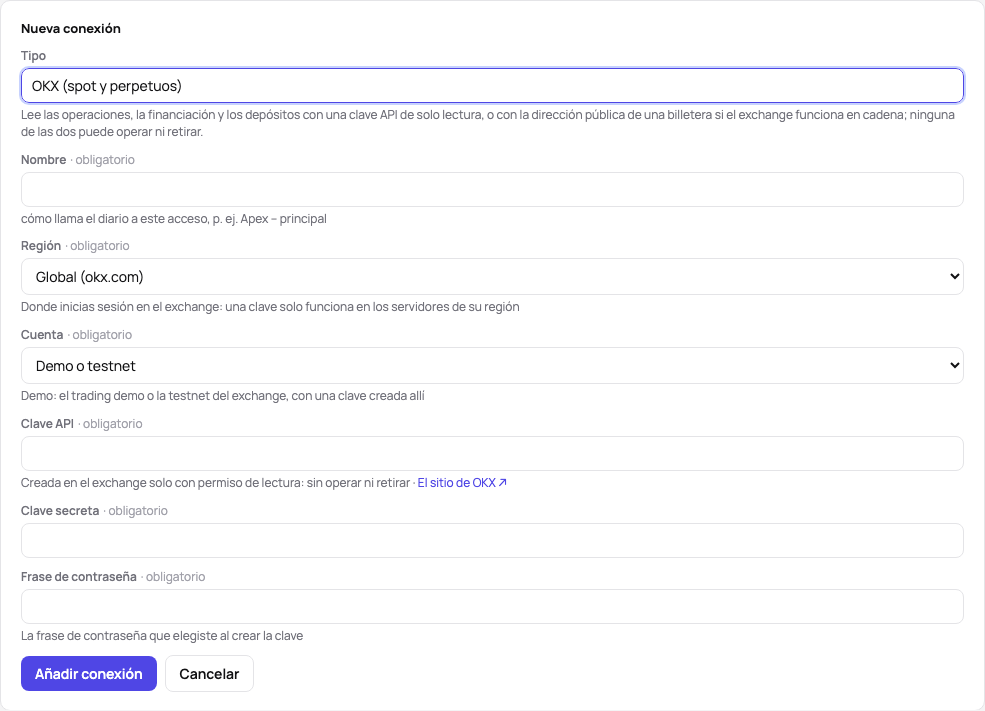 El formulario de una conexión nueva con OKX: el tipo, un nombre, la región, la cuenta en la demo, la clave API, la clave secreta y la frase de contraseña