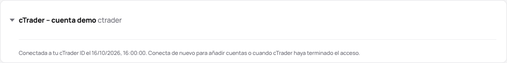 La tarjeta de la conexión con cTrader en la demo: conectada a un cTrader ID