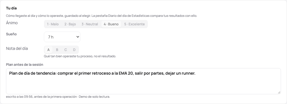 Tu día en la página de un día: el ánimo, el sueño, la nota del día y el plan, escrito antes de la primera operación