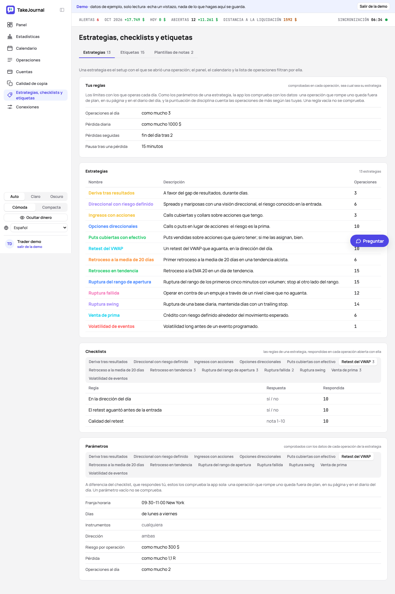 La página Estrategias, checklists y etiquetas: las estrategias con sus descripciones, y las checklists con una pestaña por estrategia