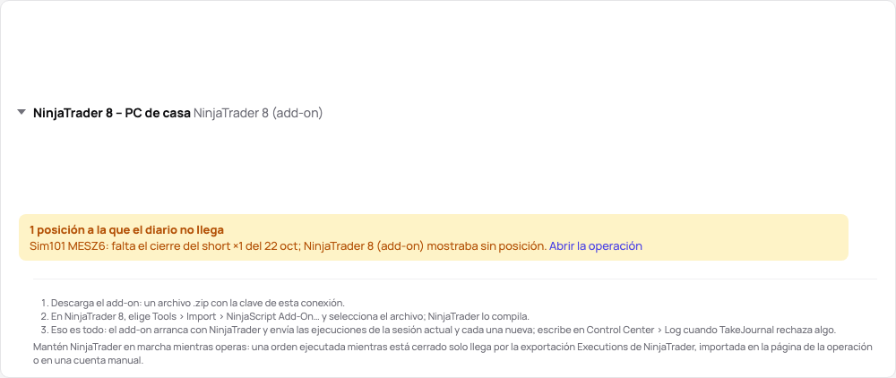 La tarjeta de la conexión en la demo: el estado del add-on, sus tres pasos y el enlace a la guía