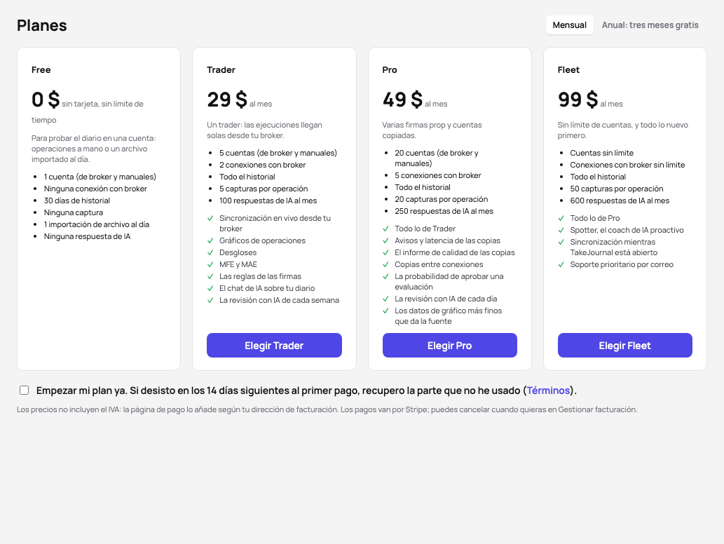 Planes: Free, Trader, Pro y Fleet uno al lado del otro con sus precios, sus límites y lo que añade cada uno, la casilla para empezar el plan ya y la nota sobre el IVA