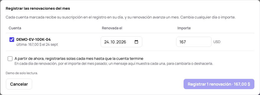 Las renovaciones del mes: cada cuenta pendiente marcada con su día de renovación y el importe del mes pasado, la opción de repetirlas solas y un botón para registrarlas