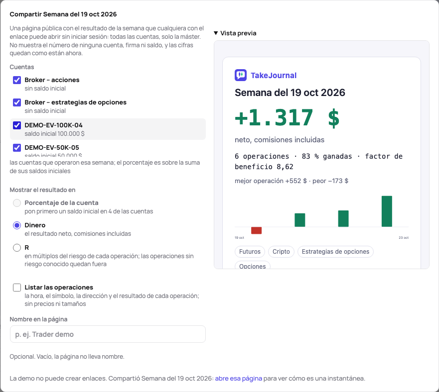 El diálogo Compartir de una semana: las cuentas que la operaron, la unidad, Listar las operaciones y el nombre, junto a la vista previa de la página pública
