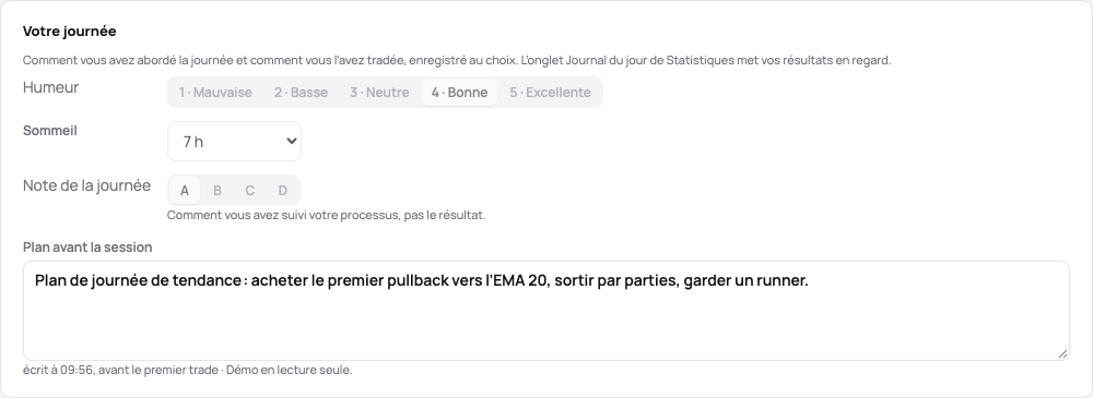 Votre journée sur la page d’un jour : l’humeur, le sommeil, la note de la journée et le plan, écrit avant le premier trade