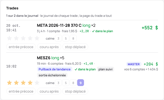 Les trades d’une journée au journal dans leurs lignes : les étoiles, le calme, les erreurs en puces et une ligne de notes chacun, le compte et Marquer la journée comme revue
