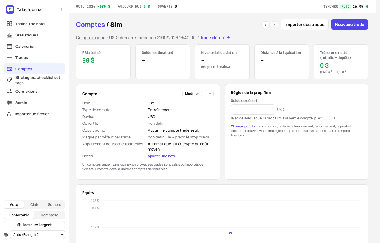 La page d’un compte avec le bouton Importer des trades, l’equity, le registre et les réglages
