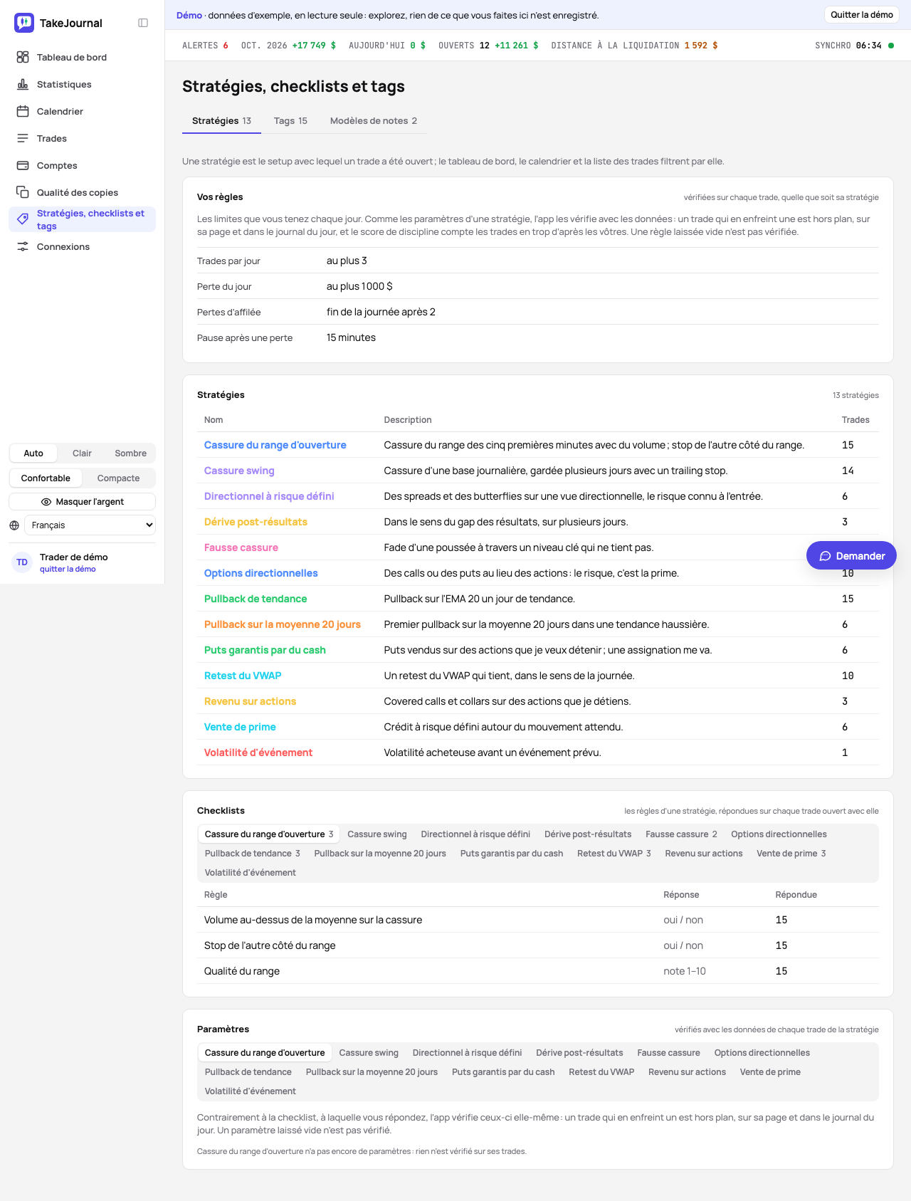 La page Stratégies, checklists et tags : les stratégies avec leurs descriptions, et les checklists avec un onglet par stratégie
