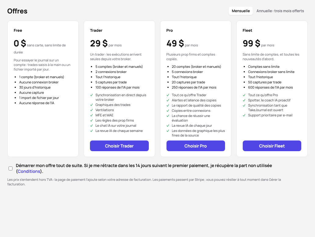 Offres : Free, Trader, Pro et Fleet côte à côte avec leurs prix, leurs limites et ce que chacune ajoute, la case pour démarrer l’offre tout de suite et la note sur la TVA