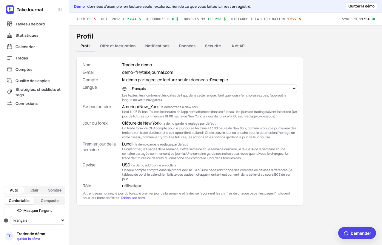 Le premier onglet de la page Profil : le nom, la langue, le fuseau horaire, le jour du forex, la semaine et la devise, les onglets au-dessus