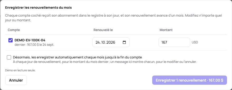 Les renouvellements du mois : chaque compte concerné coché avec son jour de renouvellement et le montant du mois dernier, le choix de les répéter automatiquement, et un bouton pour les enregistrer
