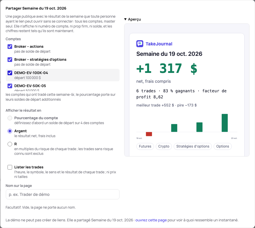 Le dialogue Partager d’une semaine : les comptes qui l’ont tradée, l’unité, Lister les trades et le nom, à côté de l’aperçu de la page publique