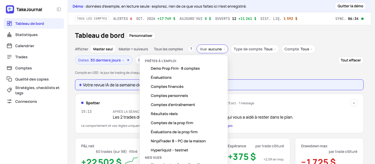 Le chip Vue ouvert sur le tableau de bord : les vues prêtes à l’emploi tirées des comptes, et mes vues