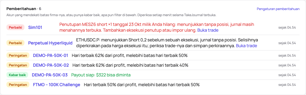 Pemberitahuan di atas halaman Akun: peringatan per akun dengan angka-angkanya dan sejak kapan berlaku, payout siap sebagai kabar baik