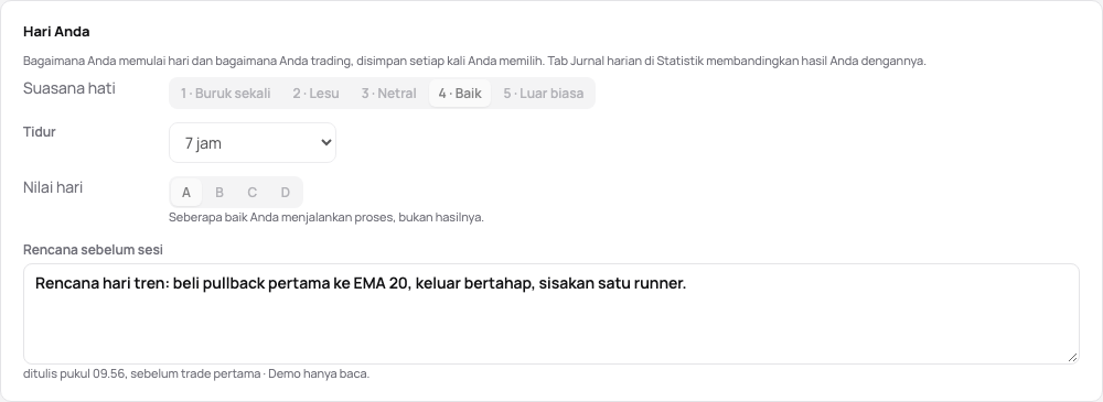 Hari Anda di halaman sebuah hari: suasana hati, tidur, nilai hari, dan rencana yang ditulis sebelum trade pertama