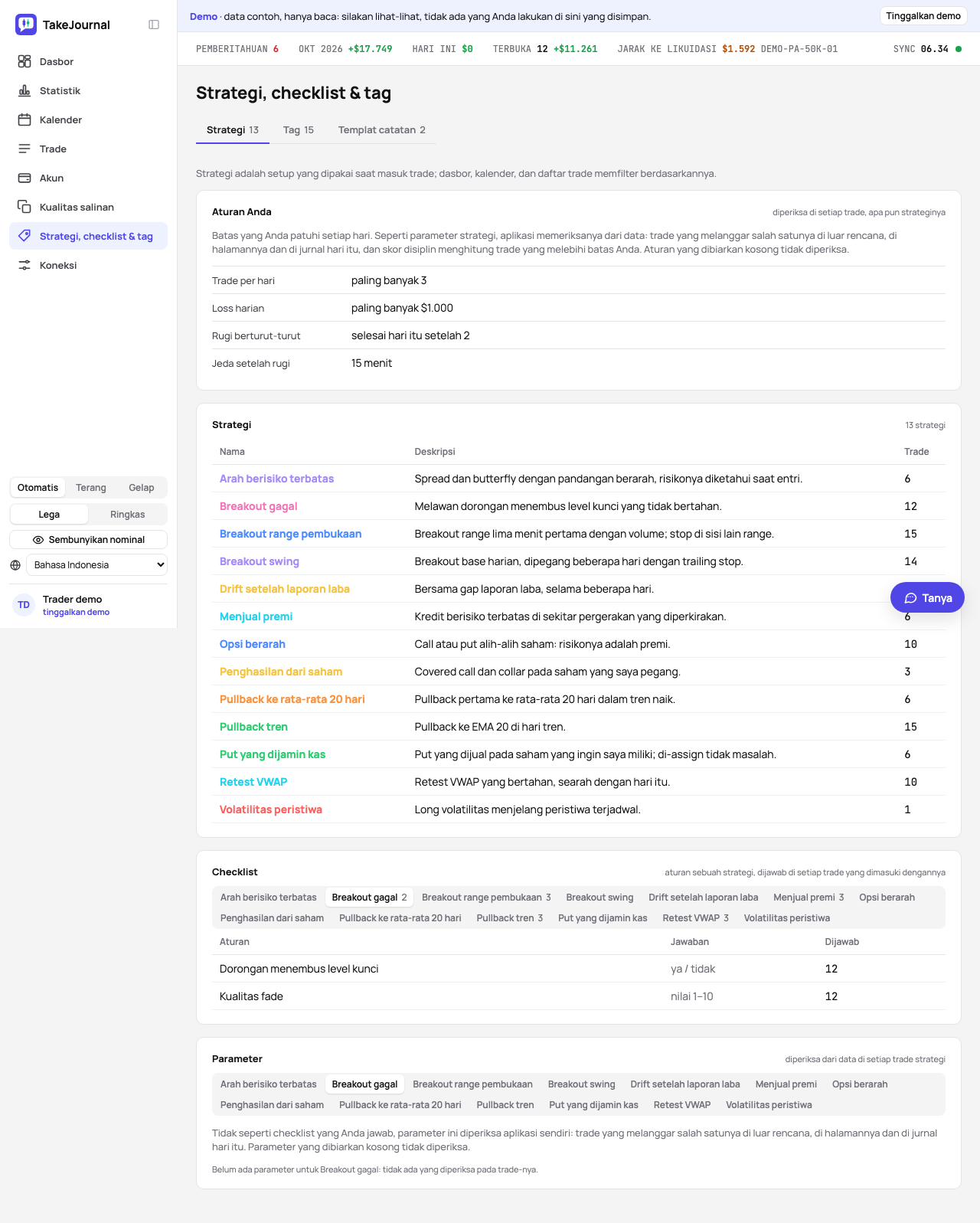 Halaman Strategi, checklist & tag: strategi dengan deskripsinya, dan checklist dengan satu tab per strategi