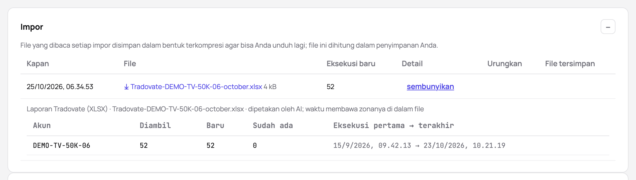 Impor sebuah akun: laporan Tradovate yang dipetakan AI, dengan eksekusi yang dibaca, yang baru dan yang sudah dikenal, serta eksekusi pertama dan terakhir