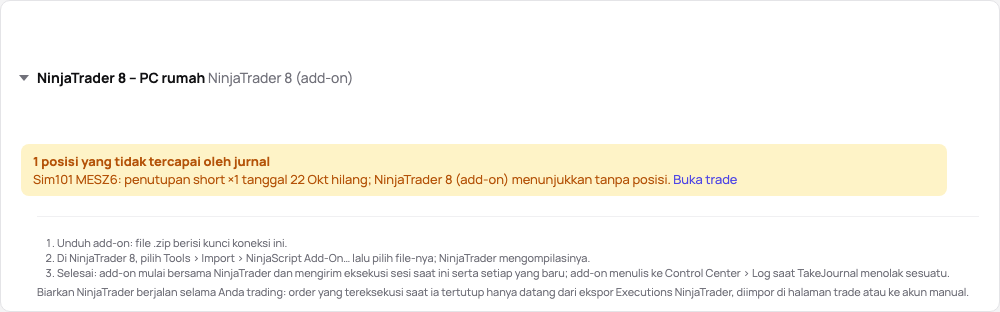Kartu koneksi di demo: status add-on, tiga langkahnya, dan tautan panduan