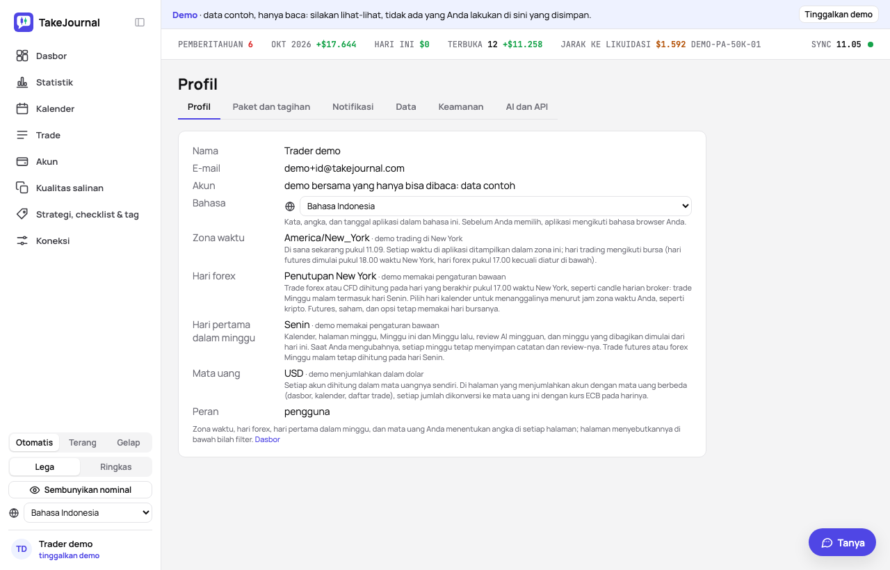 Tab pertama halaman Profil: nama, bahasa, zona waktu, hari forex, minggu, dan mata uang, dengan tab di atasnya