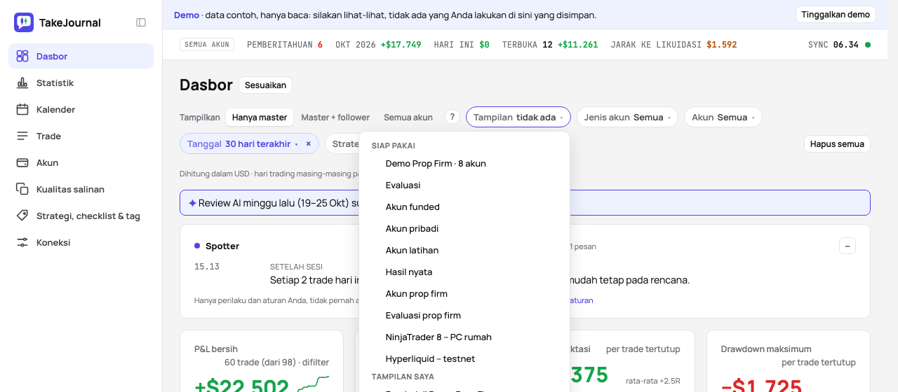 Chip Tampilan terbuka di dashboard: tampilan siap pakai yang dibangun dari akun, dan tampilan saya