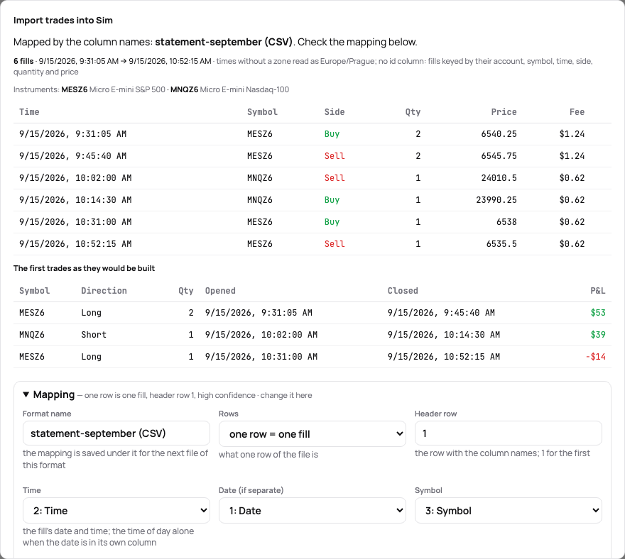 The preview of a mapped statement: the first fills, the trades they build and the mapping to correct
